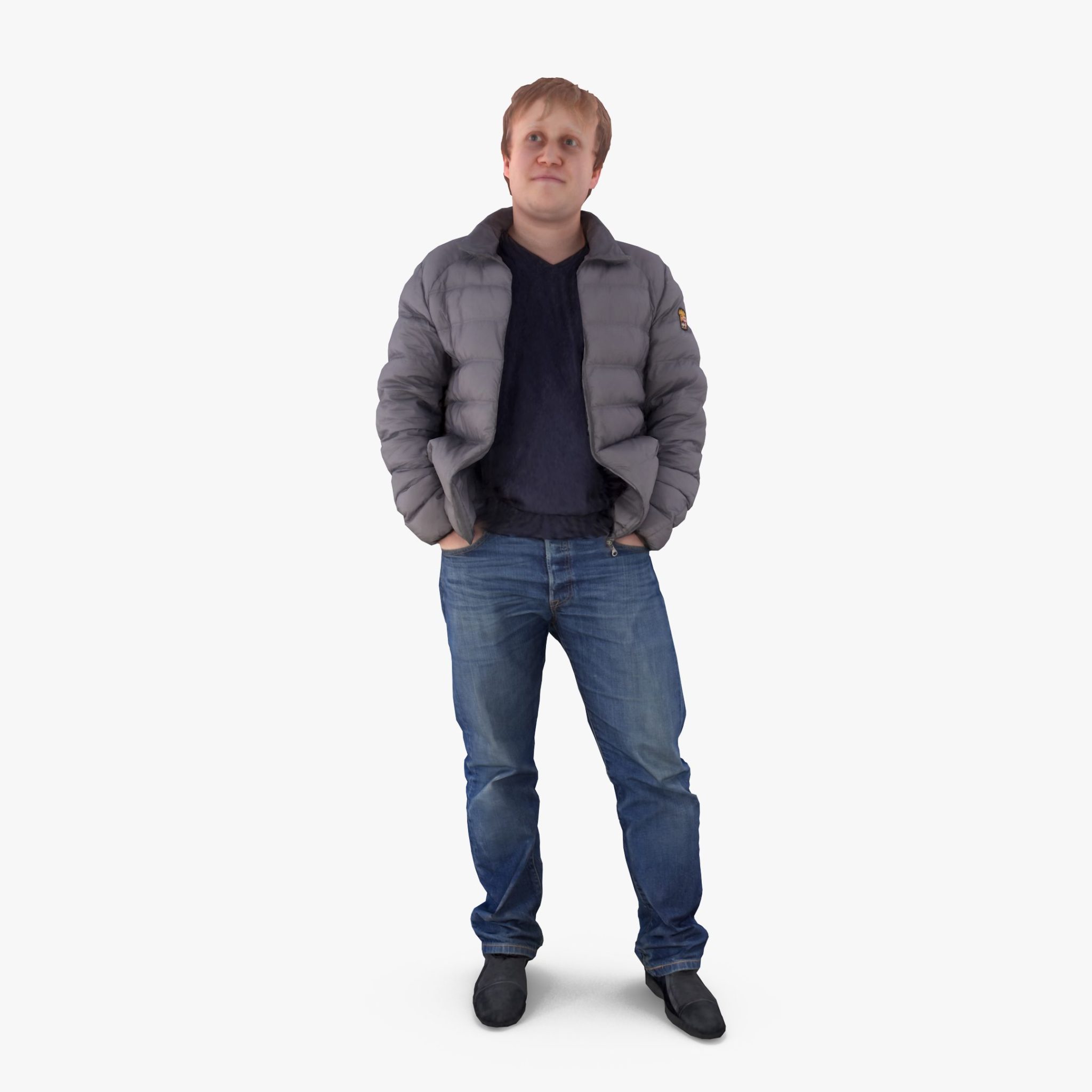 Man in Jacket 3D Model, for download files in 3ds, max, obj, fbx with low poly, game, and VR/AR options. Ready for 3D Printing.